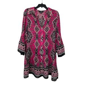 Alfani Pink Black Pleated Longline Button Down Bell Sleeve Tunic Top 20w